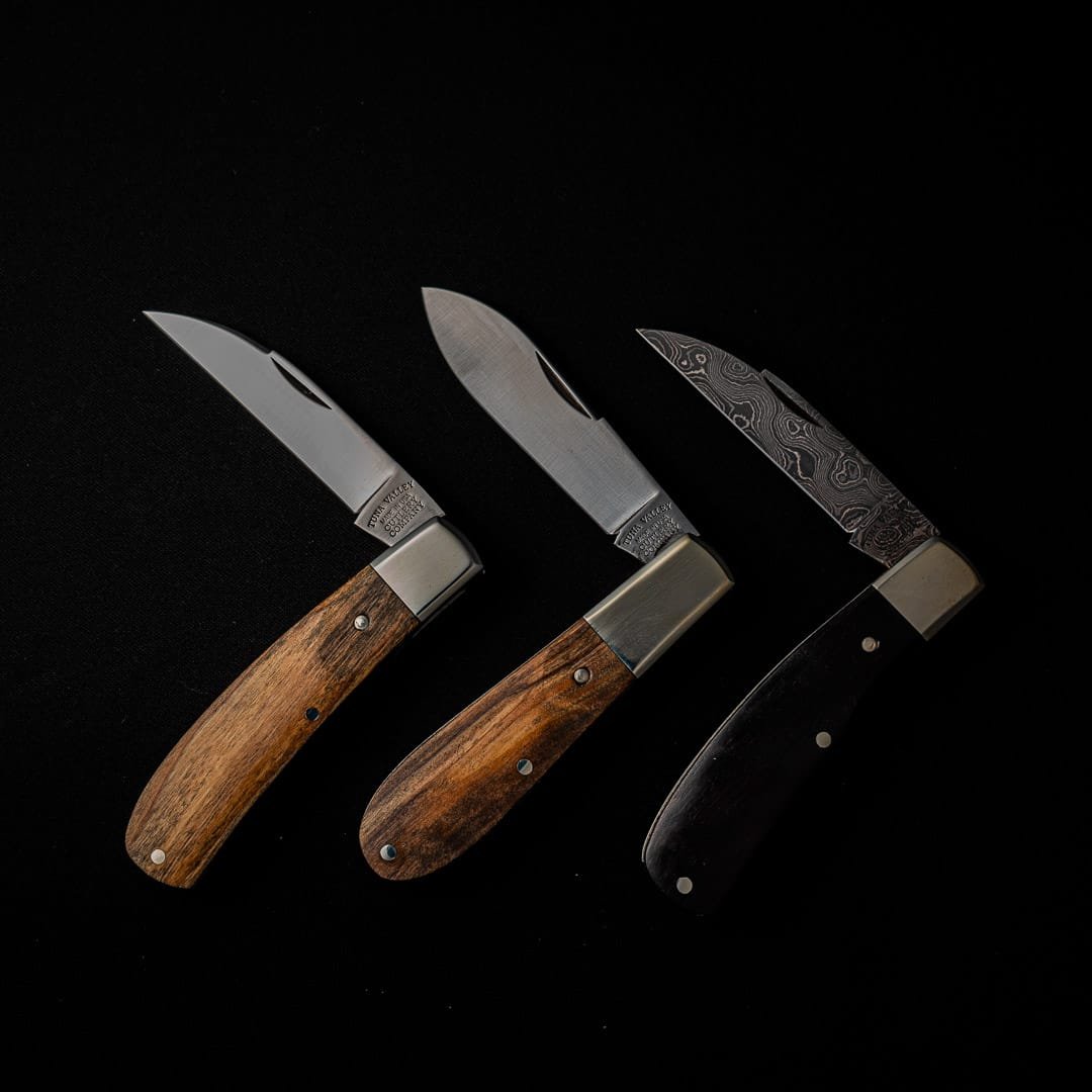 Tuna Valley Old Man Norman Holy Land Olivewood, Phoenix Jack Gaboon Ebony Damascus and Phoenix Jack Holy Land Olivewood